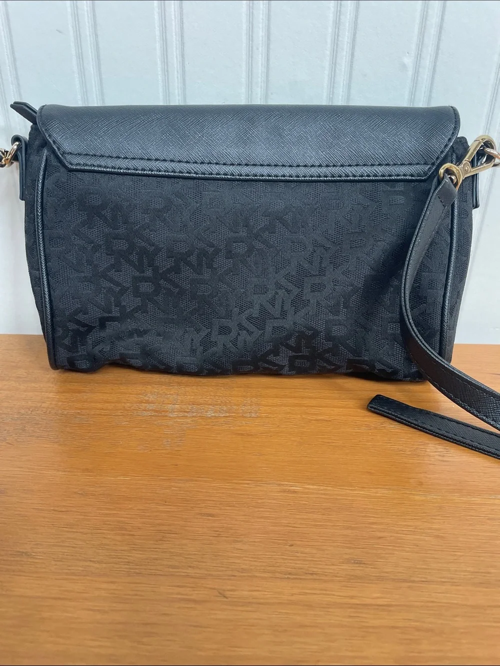Dkny Black Crossbody Bag with Gold Plaque and hardware